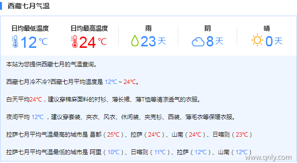 7月西藏天气